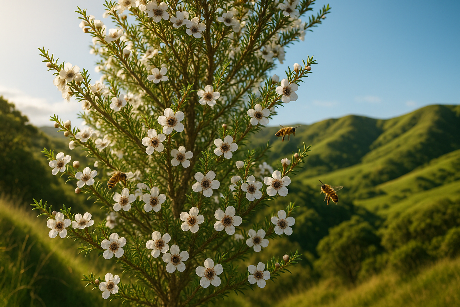 A Manuka tree with some bees pollinating it next to green mountains