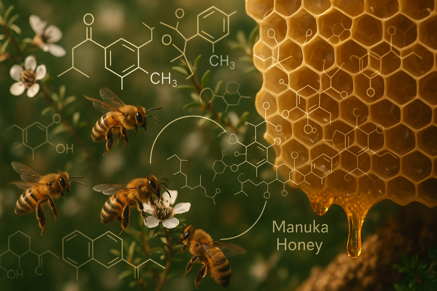 A bee hive making Manuka honey next to a Manuka tree flower and the words Manuka honey next to the natural compound formulas that make up Manuka for its health properties