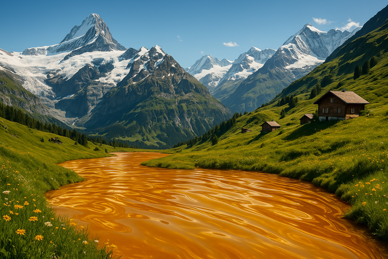 Switzerland Alps with golden lakes made from Manuka honey